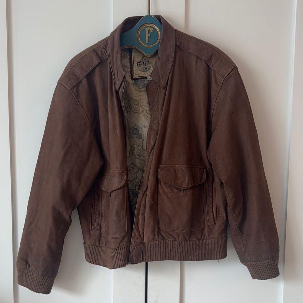 Vintage Brown Leather Bomber Jacket - M